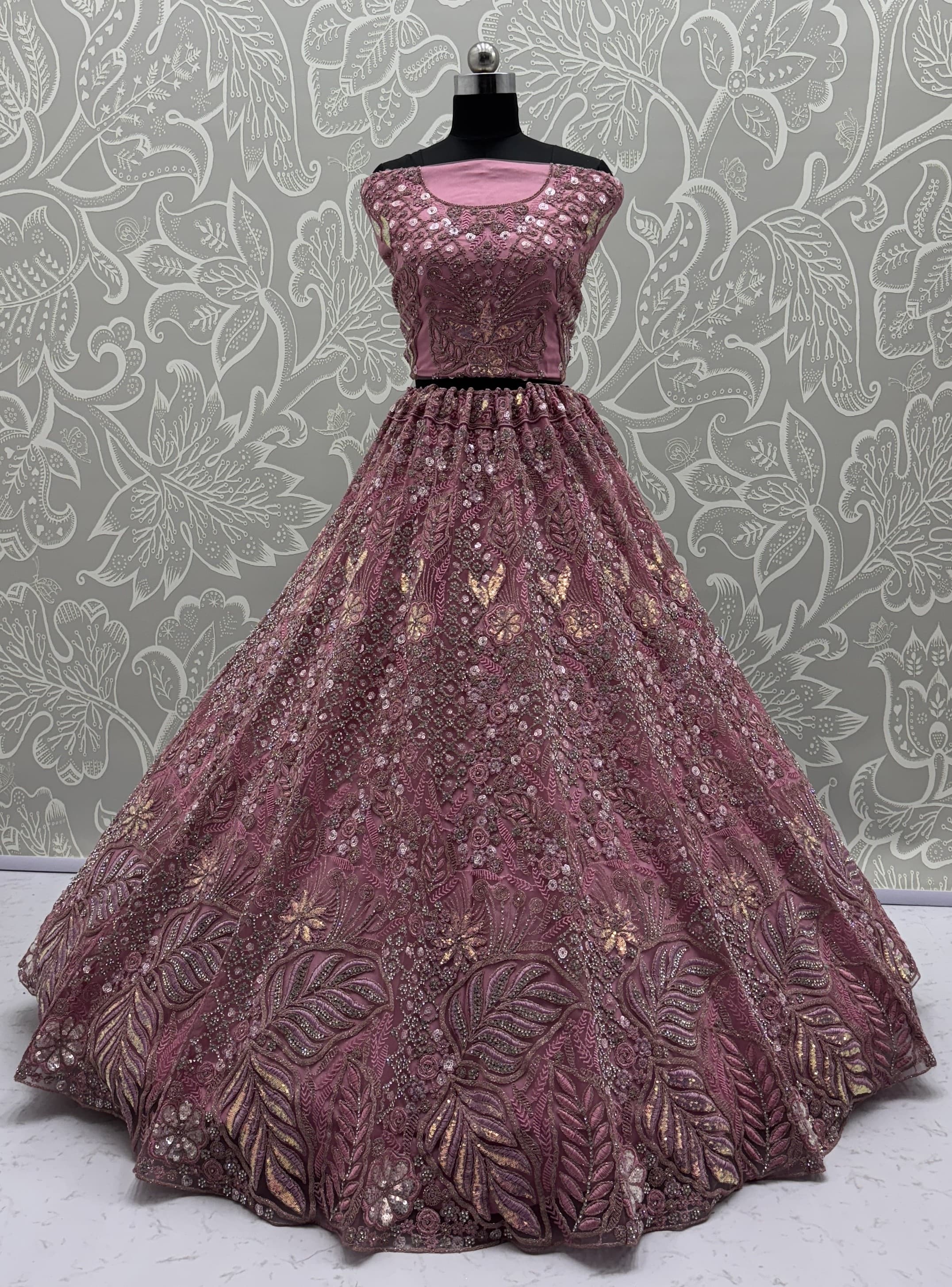 Pink Net A - Line Lehenga Choli with Diamond, Dori, Embroidered, Fancy, Multi, Sequins, Thread and Zircon Work